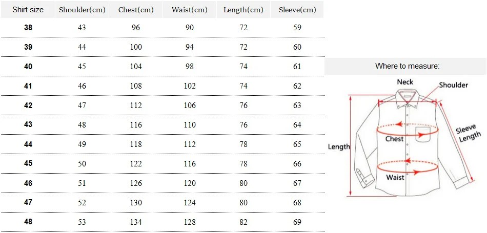 Men's dress shirt chart